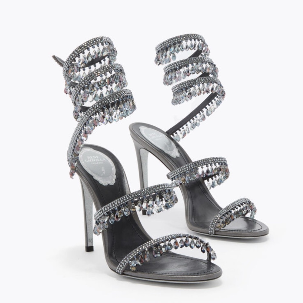 Rene Caovilla Silver Crystal Spiral Strap Stiletto Sandals
